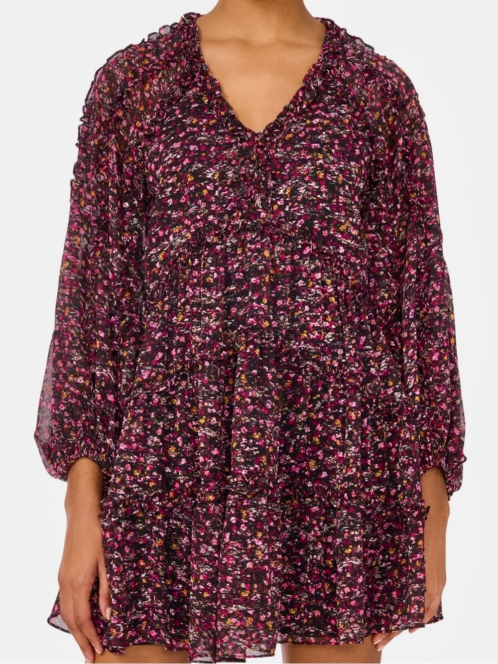 CeCe ‘Floral Long Sleeve Tiered Dress’ in “Rich Black” w/ Purple Flowers Size 8